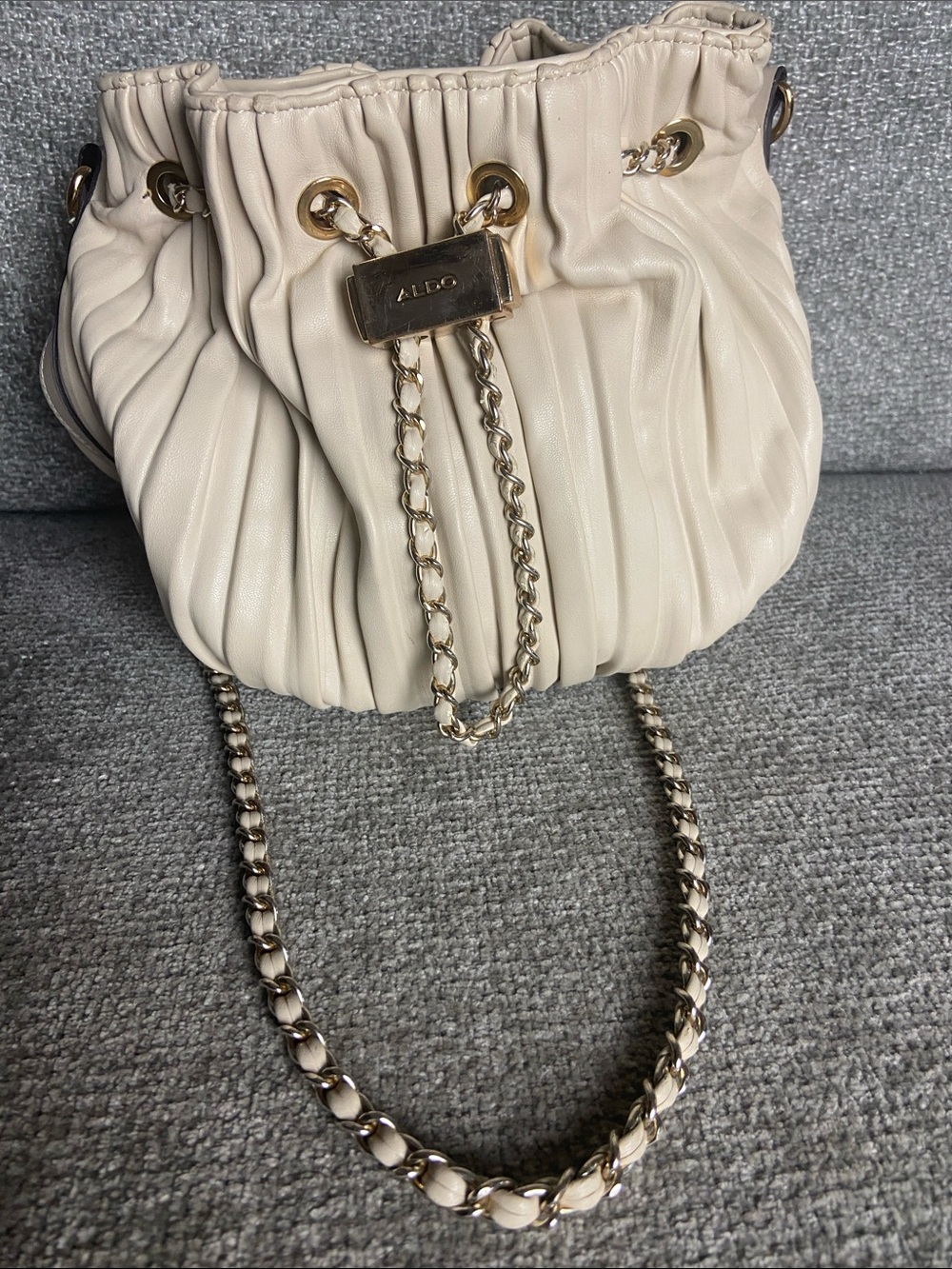 Aldo Cream Pleated Drawstring Crossbody with Gold Chain